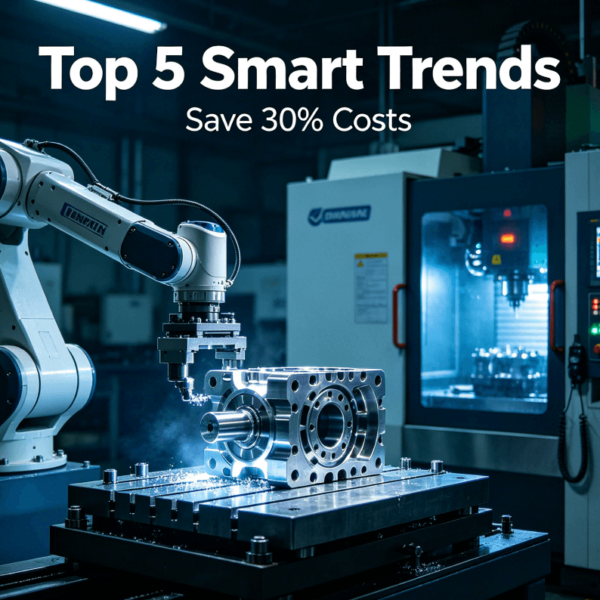 An industrial robot tending a 5-axis CNC machining center in a modern, lights-out smart factory, visually representing the top automated manufacturing trends that achieve 30% cost savings compared to traditional models.