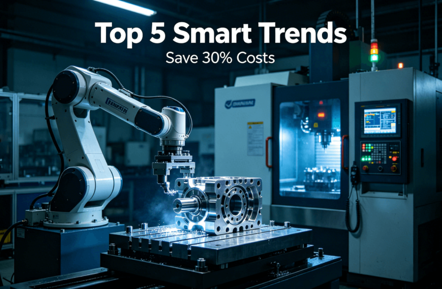 An industrial robot tending a 5-axis CNC machining center in a modern, lights-out smart factory, visually representing the top automated manufacturing trends that achieve 30% cost savings compared to traditional models.