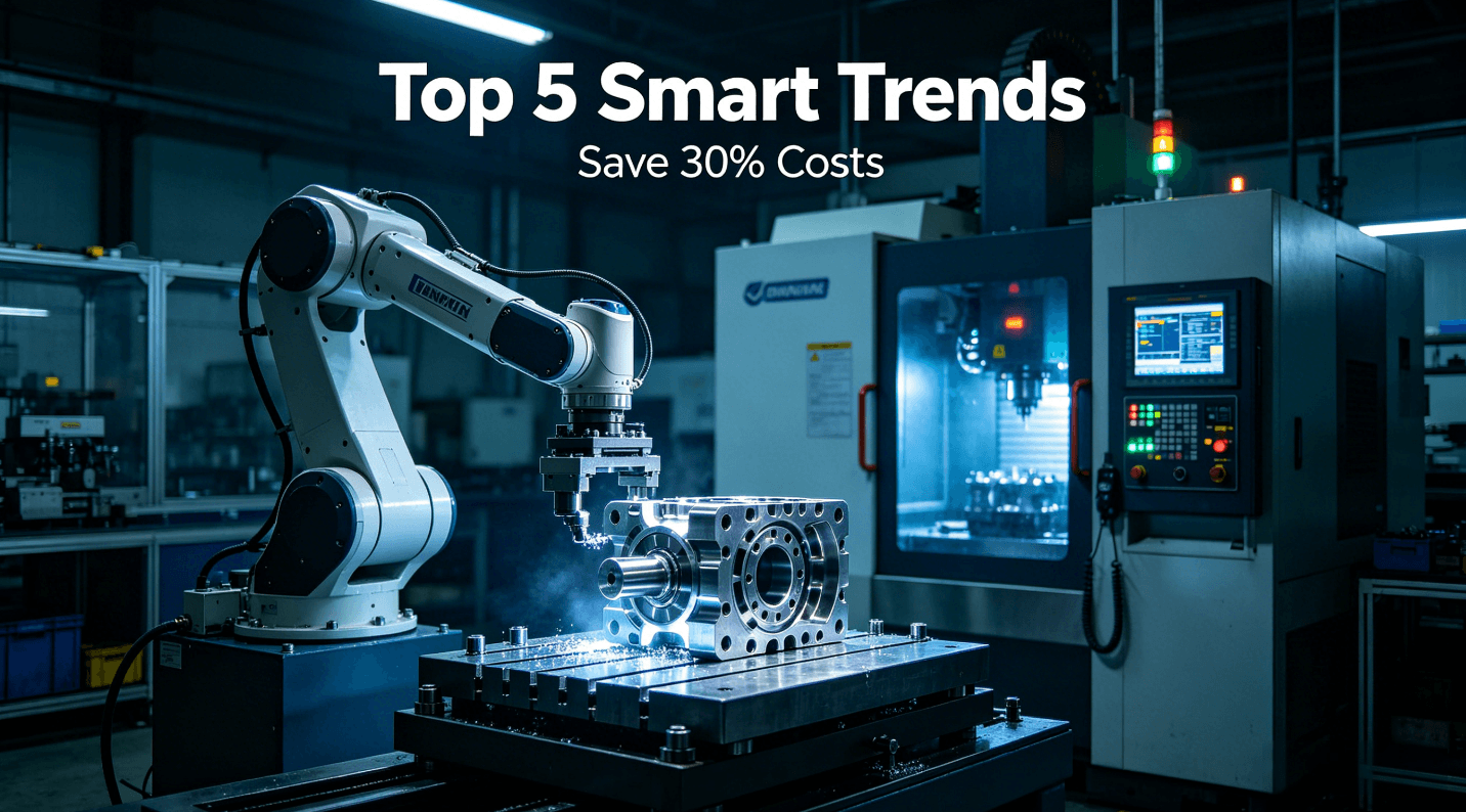 An industrial robot tending a 5-axis CNC machining center in a modern, lights-out smart factory, visually representing the top automated manufacturing trends that achieve 30% cost savings compared to traditional models.